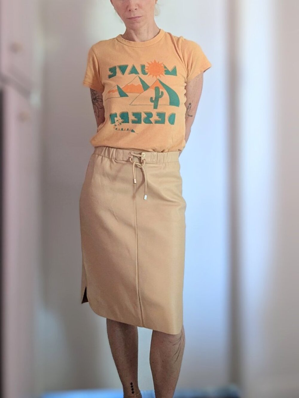 Uterque Sheep Leather Midi Skirt Curved Hem Camel Beige XS